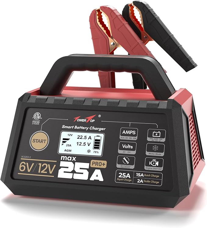 TowerTop 25A Pro+ Battery Charger, 6V/12V Car Battery Charger Fully Automatic Smart Battery Maintainer with Engine Start, Auto Desulfator, Battery Repair, for All Lead-Acid, AGM and LiFePO4 Batteries