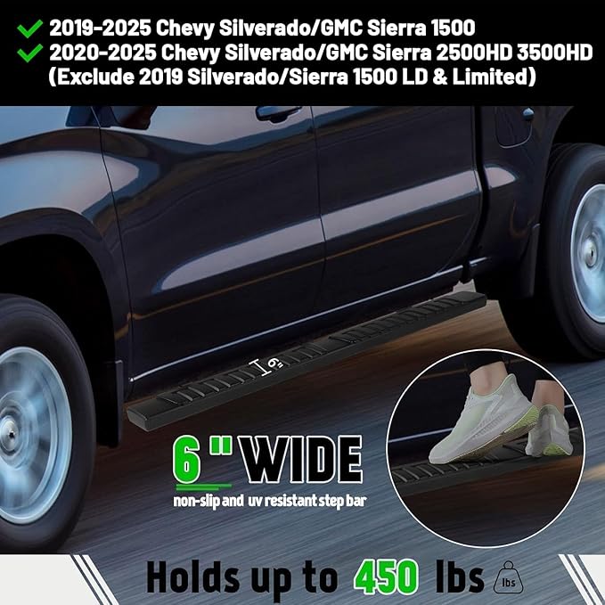 PZ 6 inch Double Cab Running Boards Compatible with 2019-2025 Chevy Silverado/GMC Sierra 1500, 2020-2025 for 2500HD 3500HD Black Aluminum Alloy Side Step Nerf Bar