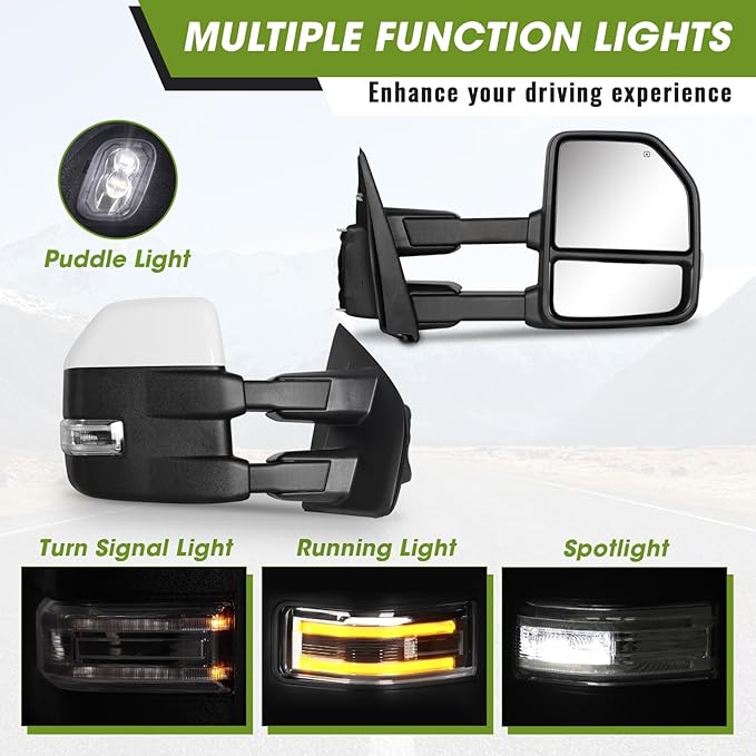 Towing Mirrors for F150 Ford Pickup 2015 2016 2017 2018 2019 2020 with Turn Signal & Running Lights, Spotlight, Heated Power Glass Pair Set (Painted White)