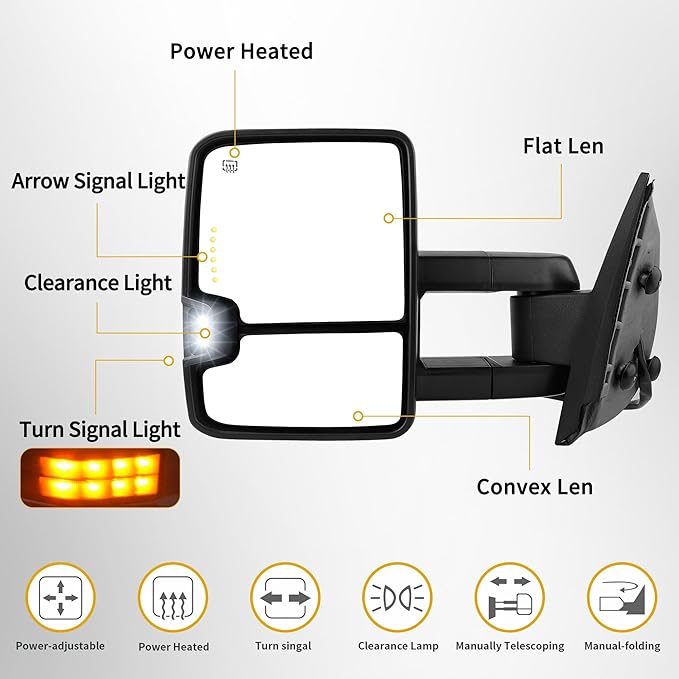 DWVO Towing Mirrors Compatible with 07 08 09 10 11 12 13 Silverado 1500 2500 3500 Tahoe Suburban Avalanche GMC Sierra Yukon Cadillac Folding Power Heated Manual Telescoping LED Turn Signal Light Black