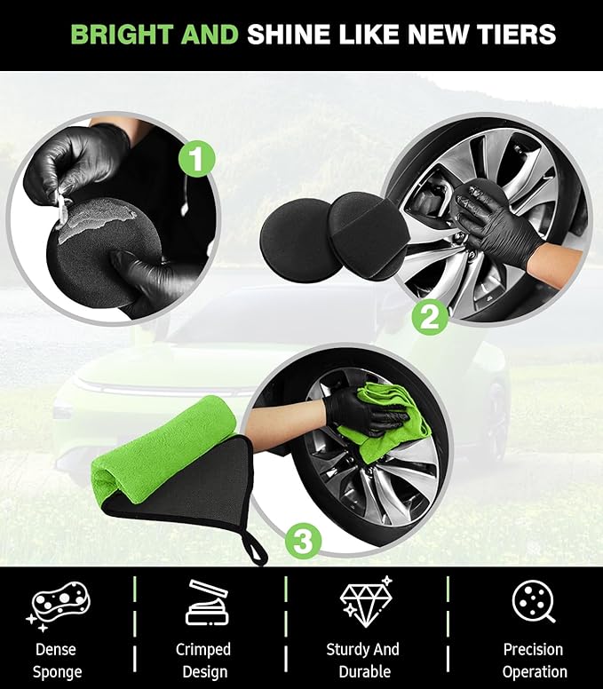 YeewayVeh 8PCS Wheel Brush Kit, Bendable Wheel Rim Cleaner Brush for All Wheel Spokes, Wheel Cleaning Brush Kit with Tire Brush, Rim Brush, Car Detailing Brush and Tire Shine Applicator, Green