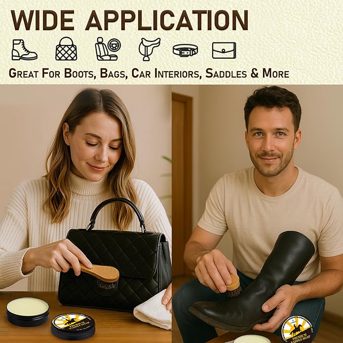 Saddle Soap for Leather – 6-in-1 Leather Cleaner & Conditioner with Saddle Soap & Mink Oil (3.52oz Each), Brush, Sponge & Towels – Complete Care Kit for Leather Boots, Bags, Car Interiors, Shoes
