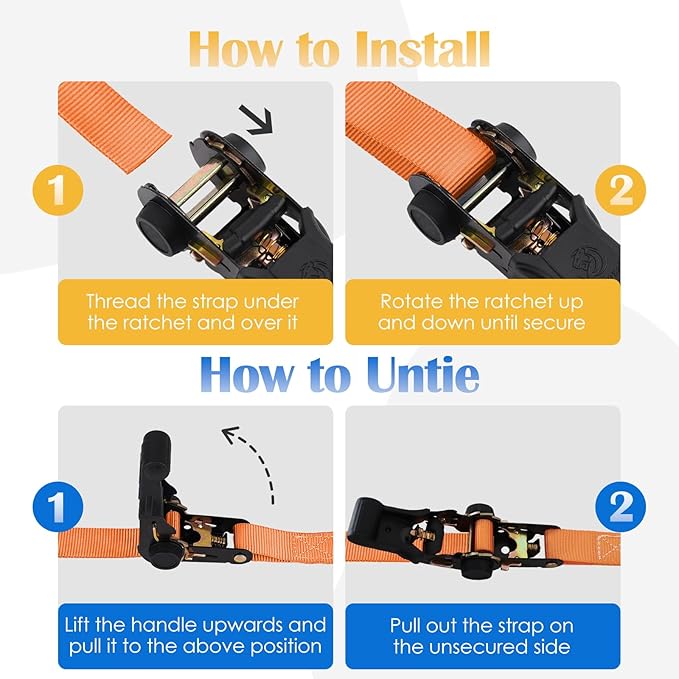 Ratchet Straps 4 Pack - 1,826 Lbs Break Strength 1 in x 15 Ft Medium Duty Ratchet Tie Down Straps with S Hooks Set for Truck, Cargo Van, Trailer, Motorcycle (Orange)