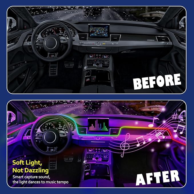 Acrylic Interior Car LED Strip Light with APP, 18-in-1 128 Colorful 6 Pieces Fiber Optic Car Decoration Atmosphere Light Kits, Dual Zone Music Sync Rhythm RGB Neon Lighting for All Cars
