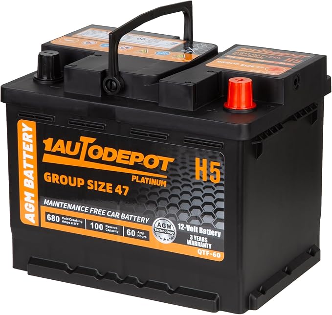 BCI Group 47 Car Battery, 12V 60Ah Size H5 Automotive Battery Premium Maintenance Free AGM Batteries, 680CCA, 100RC