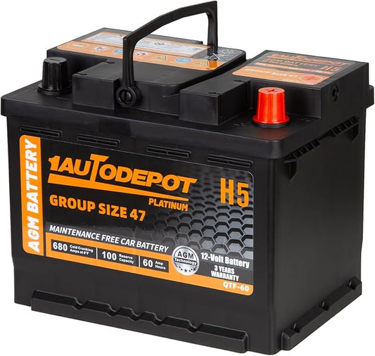BCI Group 47 Car Battery, 12V 60Ah Size H5 Automotive Battery Premium Maintenance Free AGM Batteries, 680CCA, 100RC