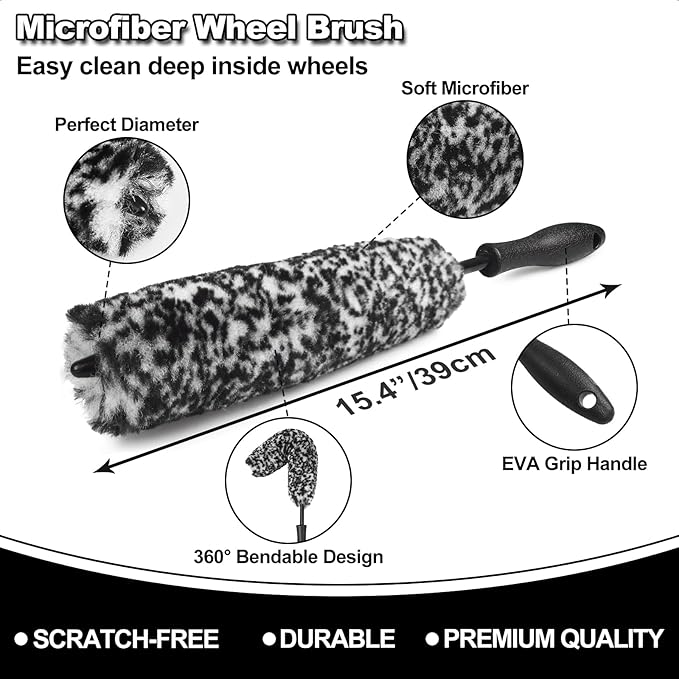 9Pcs Car Wheel & Tire Brush Kit, Wheel Cleaner Brush, Soft-bristled Rim Brush, Car Drying Towel (36"x 24"), Tire Shine Applicator Pad, Car Wash Mitt, Car Detailing Cleaning Wash Brush Supplies Kit