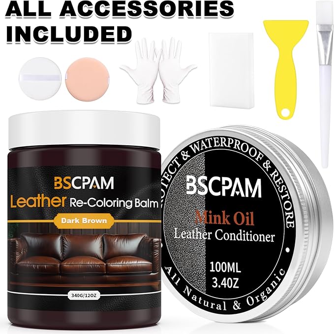 12oz Leather Recoloring Balm & 3.4oz Mink Oil Leather Conditioner kit,Dark Brown Leather Color Repair Kits for Couches, Leather Couch Paint Scratch Repair for Furniture Car Sofa Shoes Leather Dye