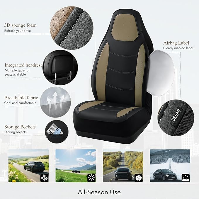 Road Comforts Car Seat Cover, Leather Seat Covers, Automotive Low Back Front Car Seat Covers, Airbag Compatible, Universal Fit for Most Cars (Beige)