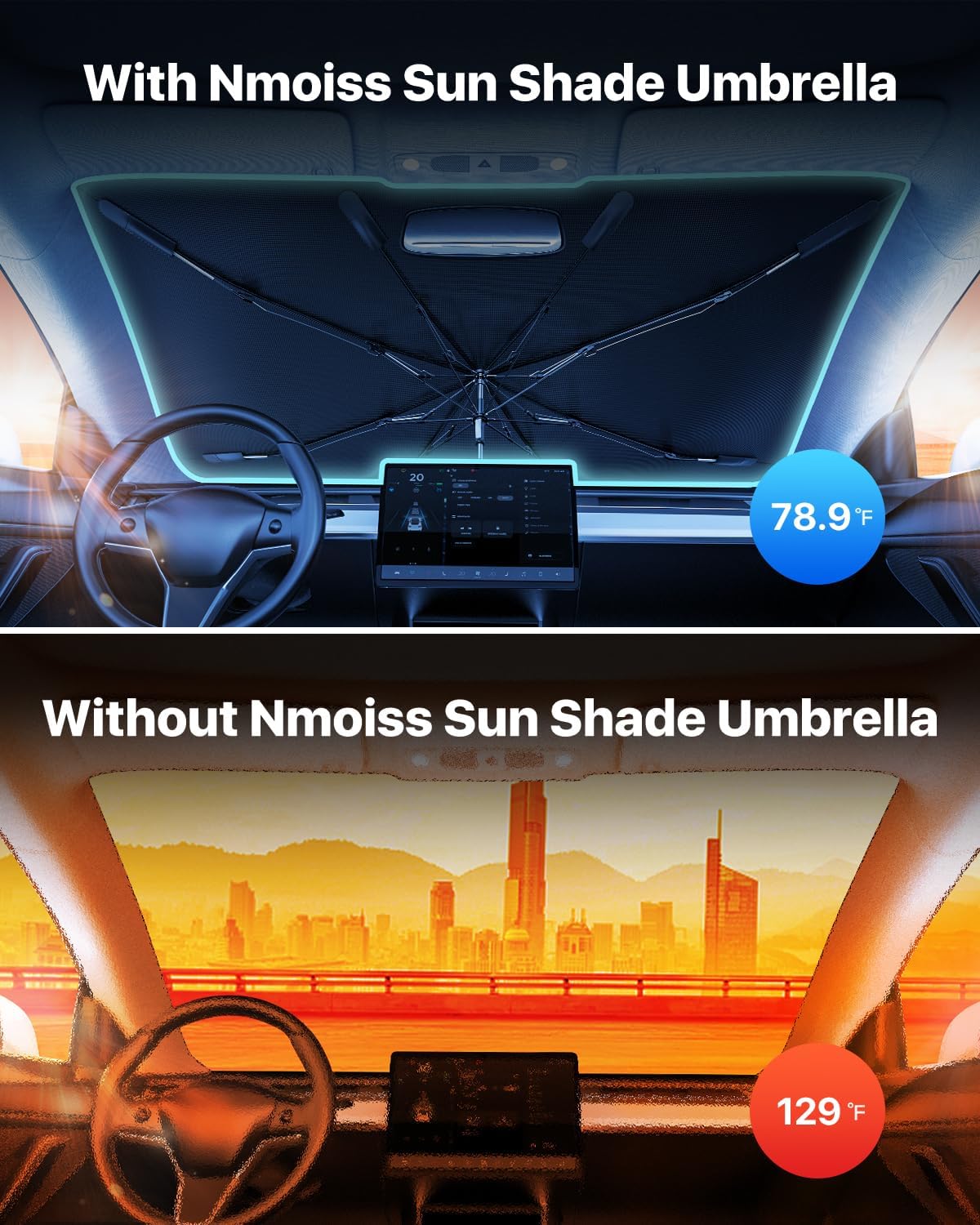 [2025 Upgraded] Nmoiss Windshield Sunshade Umbrella Car - [Vinyl Coating Heat Shield] Protect Car from Sun Rays & Heat Damage Keep Cool and Protect Interior X-Small (52" L x 28" W)