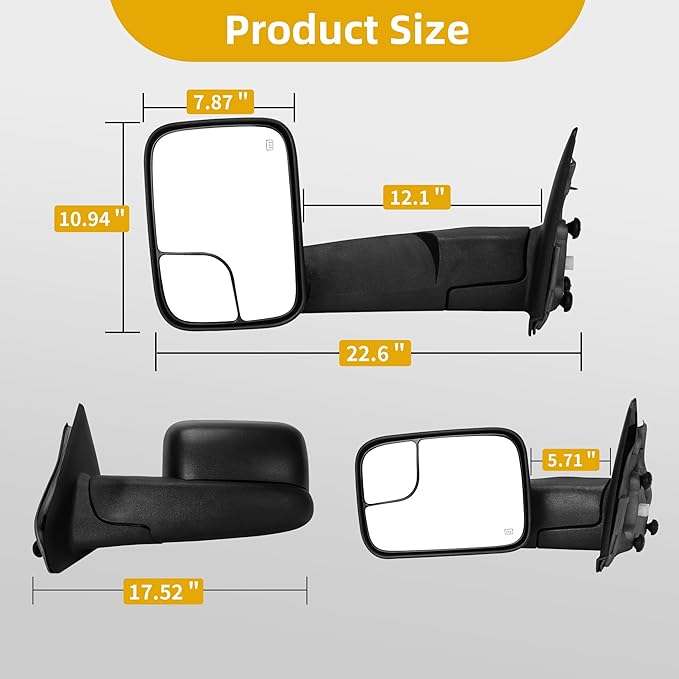DWVO Side Towing Mirror Compatible with 2002-2008 Dodge Ram 1500, 2003-2009 Dodge Ram 2500 3500 Pickup Truck, Power Adjustable Heated, Manual Folding Flip-up Door Mirror