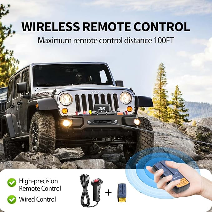 CXRCY 12V Electric Winch,13500LBS Load Capacity Synthetic Rope Towing Winches for Jeep Truck SUV,with Wired Handle and Wireless Remote