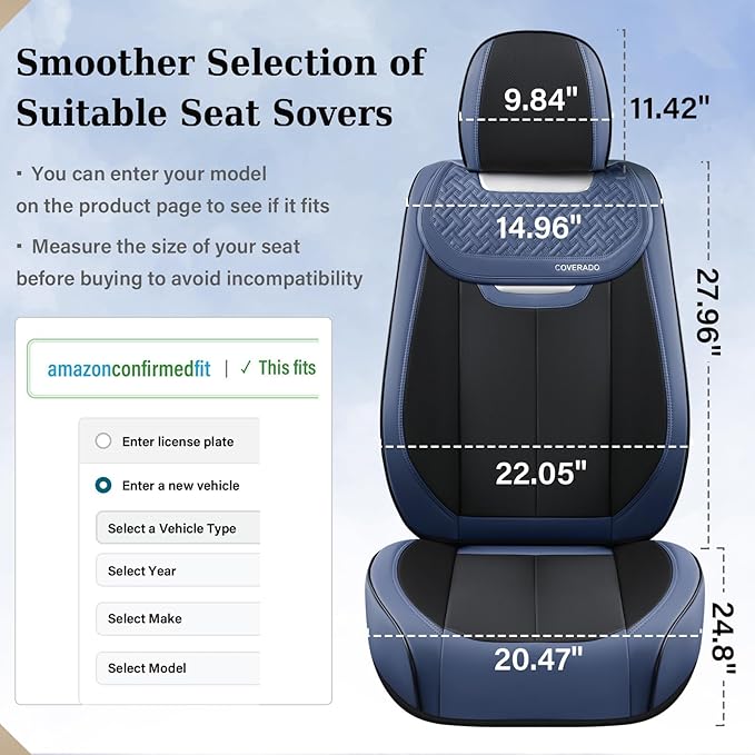 Coverado Front and Back Seat Covers for Cars, Nappa Leather Car Seat Covers Full Set, Waterproof Carseat Protector Seat Cushion, Luxury Automotive Seat Covers Universal Fit for Most Cars(Blue&Black)
