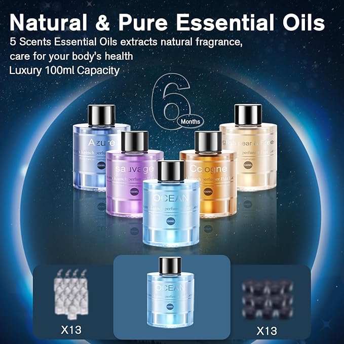 Smart Car Air Freshener Diffuser, Car Diffuser Air Fresheners Long Lasting with 100ml Capacity Essential Oil Last 6 Months, RGB Music Syncing Light, Auto On/Off, 5 Adjustable Car freshener, Ocean