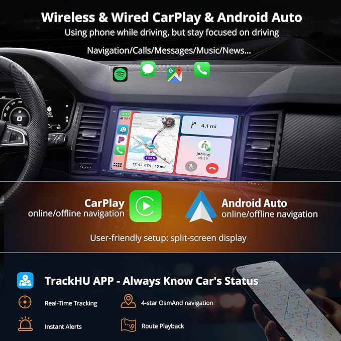 Android Double Din Car Stereo with Backup Camera & OBD2 Scanner, A6PF Ultra 2G+32G 7" Wireless CarPlay & Android Auto Radio with ChatGPT, LRV, WiFi/BT/USB Tethering, GPS Tracker,2 Bluetooth