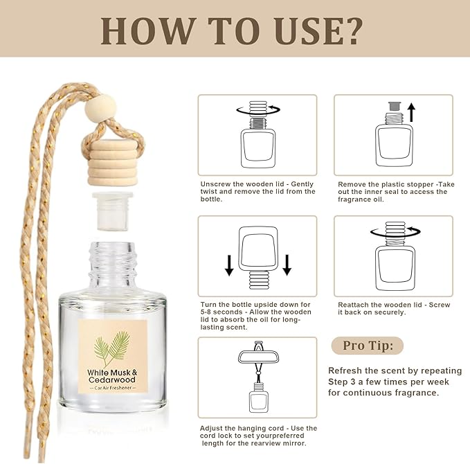 Car Air Freshener Oil Diffuser - Hanging Long Lasting Scent for Car & Home (BlackBerry & Bay, White Musk & Cedarwood, English Pear & Freesia, Wild Bluebell)