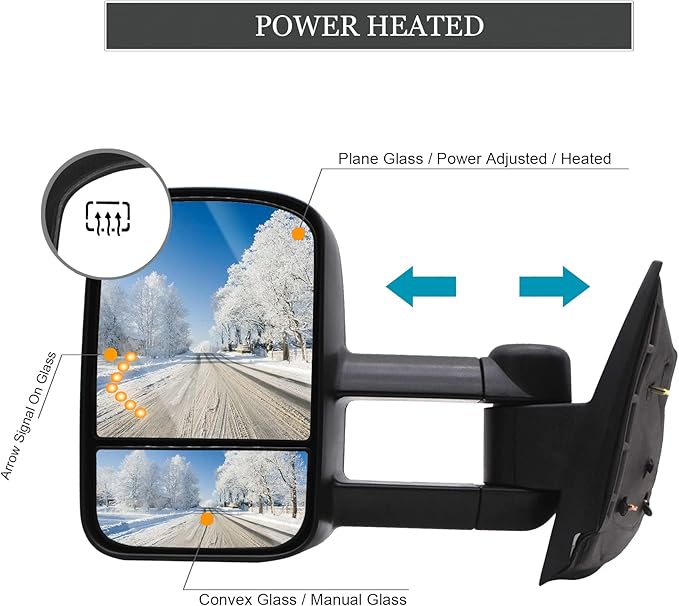 ReYee Towing Mirrors for 2007-2014 Chevy Silverado 1500 2500 3500 Tahoe Suburban GMC Sierra Yukon Tow Mirror with Power Adjust Heated LED Arrow Signal Light Manual Folding Telescoping Black Cap LH RH