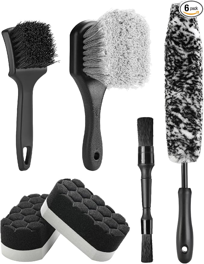 Fantasticlean 6PCS Car Wheel Cleaning Pro Kit, Tire Brush, Soft-bristled Rim Brush, Microfiber Bendable Brush, Double-Ended Detailing Brush, and Detailing Pads, Scratch-Free & Multipurpose