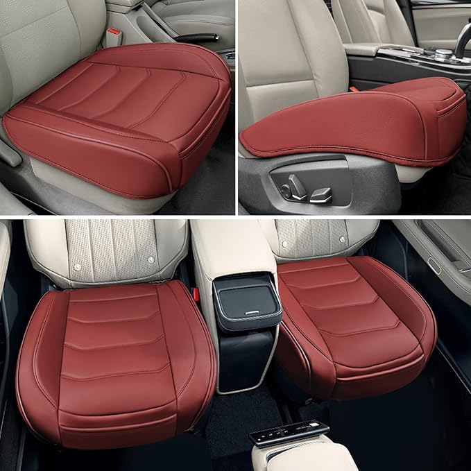 Car Seat Cover for Luxury & Comfort - PU Leather, Anti-Slip, Full Wrap Protection with Storage Pocket for Bottom Cushion - Universal Fit for 95% of Vehicles (Dull-red,2 Piece)