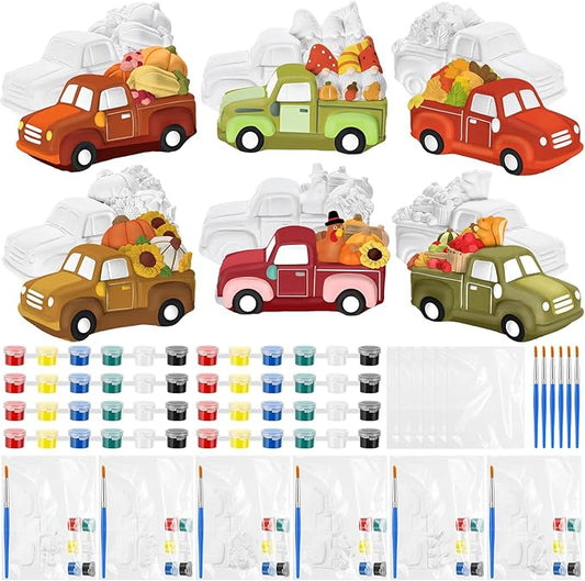 JellyArch 6 Set Fall Thanksgiving DIY Ceramic Painting Kit 3D Ready to Paint Your Own Truck with Pumpkins Turkey Maple Leaf Statues Unpainted Plaster Craft with Brush Paint Bag for Adult