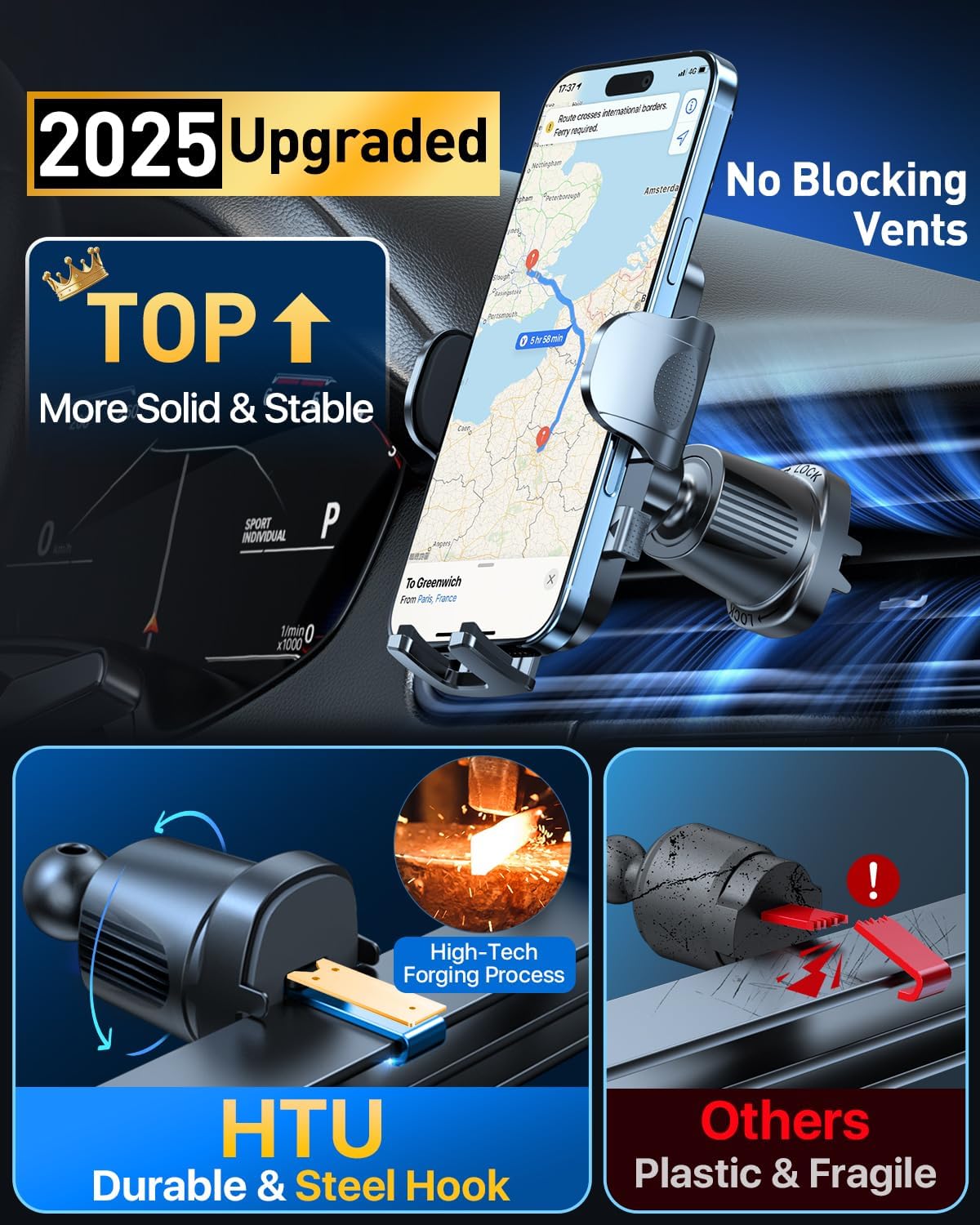 HTU Upgraded Strongest Suction Car Phone Holder Bendable Arm, Never Block View Rotatable Cellphone Mount for Dashboard Windshield Vent, Cradle Stand for iPhone 16 15 14 13 12 Pro Max (Dark Pink)