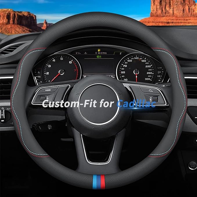 Custom-Fit for Cadillac Steering Wheel Cover, Premium Leather Car Steering Wheel Cover with Logo, Non-Slip, Breathable (C-Style,for Cadillac)