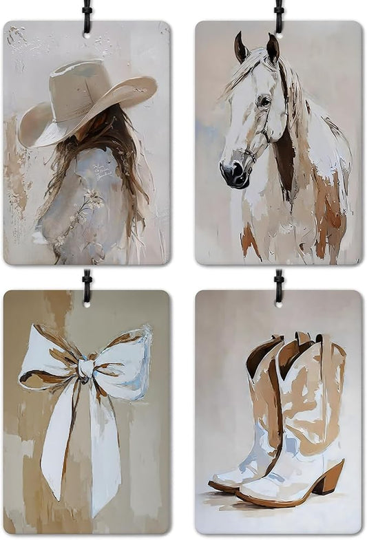 Trendy Western Cowgirl Car Air Freshener 4 Pcs, Retro Horse Cowgirl Boots Bow Hanging Air Freshener for Cars Closet Drawer Books Bathroom Office, Girly Car Accessories Mirror Decor for Women