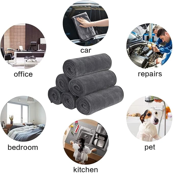 SINLAND Microfiber Car Drying Towels Ultra Absorbent,No Streaks,Scratches, or Water Spots,Wash Cleaning Auto Detailing Towels 400gsm 16inch x 24inch 6Pack Grey