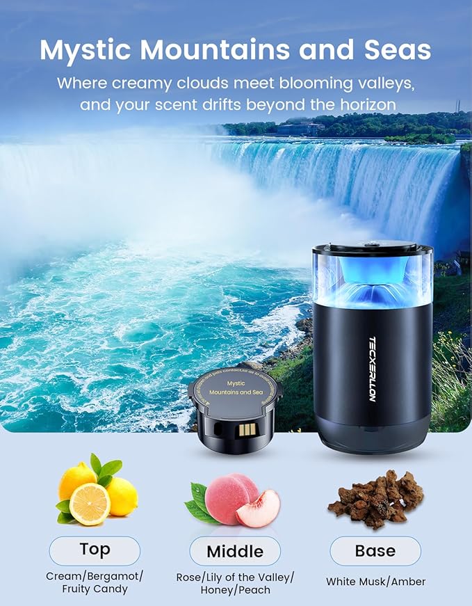 Car Air Freshener, Car Diffuser with Smart Spray Modes (4 Settings) & Essential Oil Monitor, 1600 Sprays USB-C Rechargeable, Auto On/Off, 2 Scents Refills, Car Scent with Ambient Light