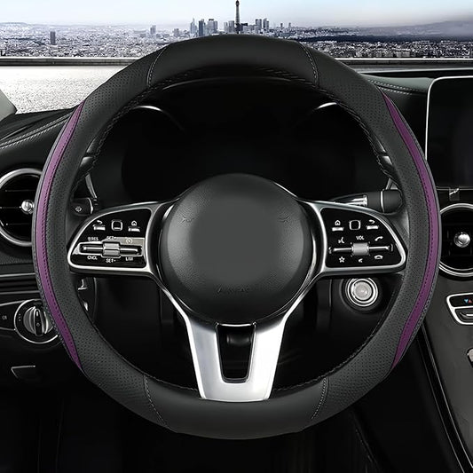 Car Steering Wheel Cover, Leather Steering Wheel Cover Purple Universal 14.5-15 Inch Microfiber Leather Anti-Slip Breathable Auto Steering Wheel Covers for Men Women (Black&Purple)