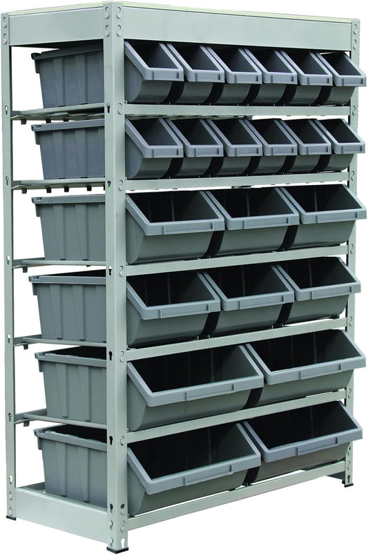 King's Rack Bin Rack Storage System Heavy Duty Steel Rack Organizer Shelving Unit w/ 22 Plastic Bins in 6 tiers