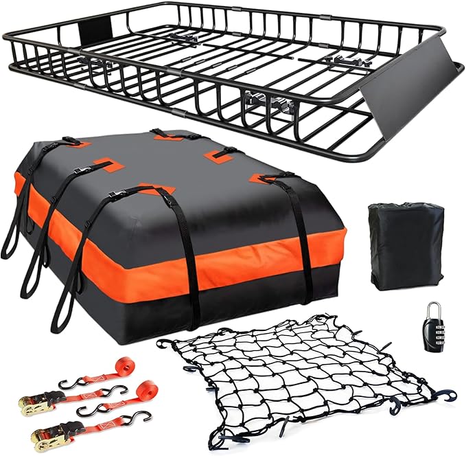 MeeFar Roof Rack Carrier Basket Universal Rooftop 65" X 39" X 6" Large Size Roof Rack + Waterproof Bag 20 Cubic Feet (51" 40" 17"), and Cargo Net with Attachment Hooks, Ratchet Straps