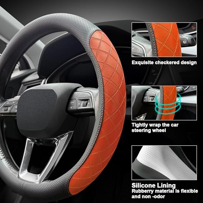 LKWLIKEI Nappa Leather Steering Wheel Cover, Diamond Checkered Design, Non-Slip wear-Resistant, Enhance Driving Comfort, Suitable for Steering Wheel Diameter 14 1/2‘-15’ Models.Black Orange