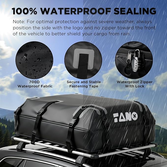 TANX Car Roof Bag - 21 Cubic Feet Rooftop Cargo Carrier, 100% Waterproof for All Cars with/Without Roof Rack, Includes Anti-Slip Mat, 12 Reinforced Straps, 6 Door Hooks, Luggage Lock & Storage Bag