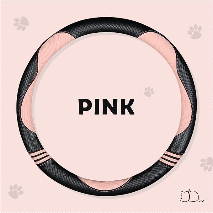 Car Steering Wheel Covers for Women Girl Padded Carbon Fiber PU Leather Cute Cartoon Auto Interior Accessories for Jeep, Truck, Universal, Anti Slip, Pink, Large Size 15.5-16"(39-41cm)