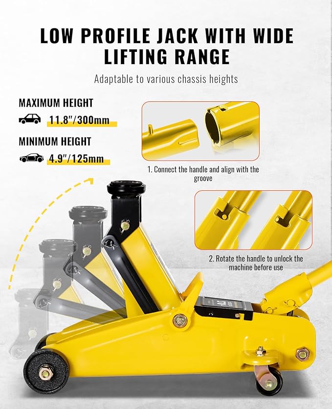 2 Ton (4000 lbs) Low Profile Hydraulic Trolley Floor Jack Kits with Solid Storage Case and Rubber Pad, Portable Car Floor Jack with Lifting Range 4.9"-11.8", for Auto, Yellow