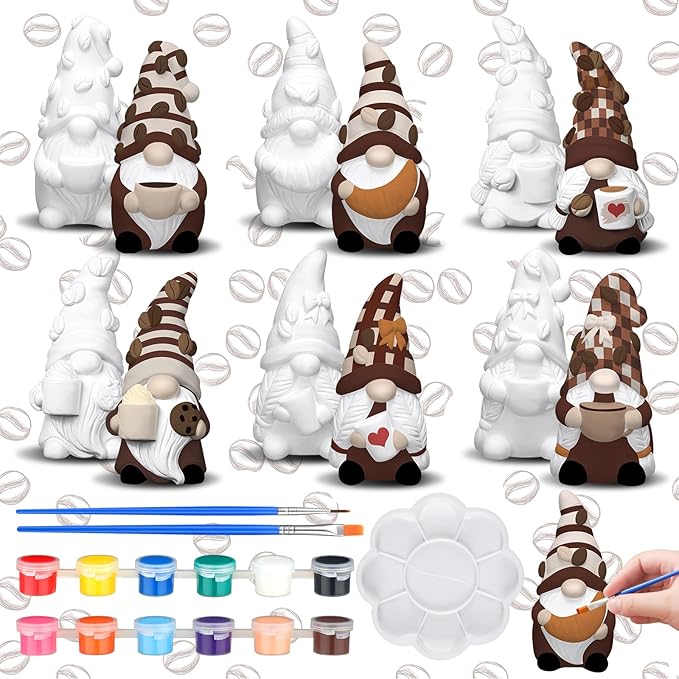 Eersida 6 Sets Coffee Gnome Ceramics to Paint Ready to Paint Your Own Ceramic Coffee Gnome Statues DIY Unpainted Ceramics Paintable Figurines Kit Crafts with Brush Palette Christmas
