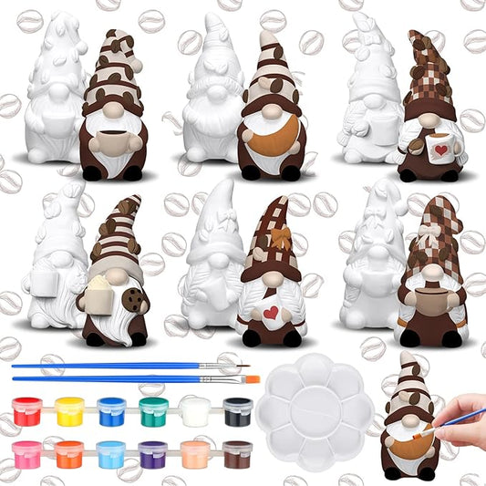 Eersida 6 Sets Coffee Gnome Ceramics to Paint Ready to Paint Your Own Ceramic Coffee Gnome Statues DIY Unpainted Ceramics Paintable Figurines Kit Crafts with Brush Palette Christmas