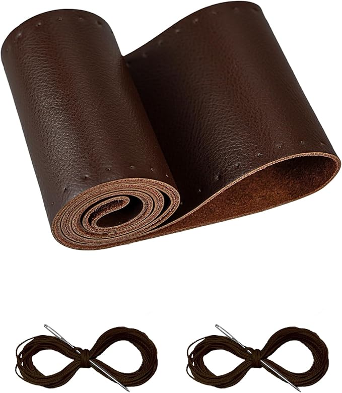 Belinous Leather Steering Wheel Cover Lace Up, Stitch On Wrap, Universal Fit 13-20 inch Car Truck SUV Pickup Boat, A Whole Piece of Cowhide, DIY Stitch w/Needle Thread (Size XXL0, Coffee)