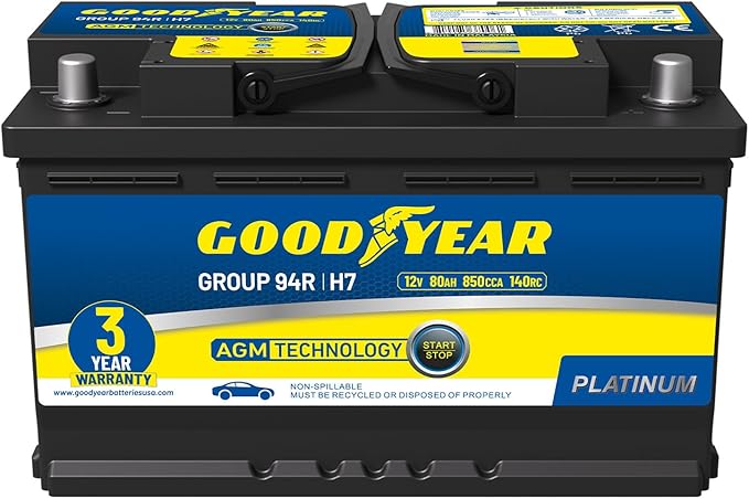 Goodyear 94R-H7-AGM BCI Group Size 94R 12V 80 AH, 140RC, 850 CCA Platinum series Rechargeable AGM Maintenance Free Automotive Battery
