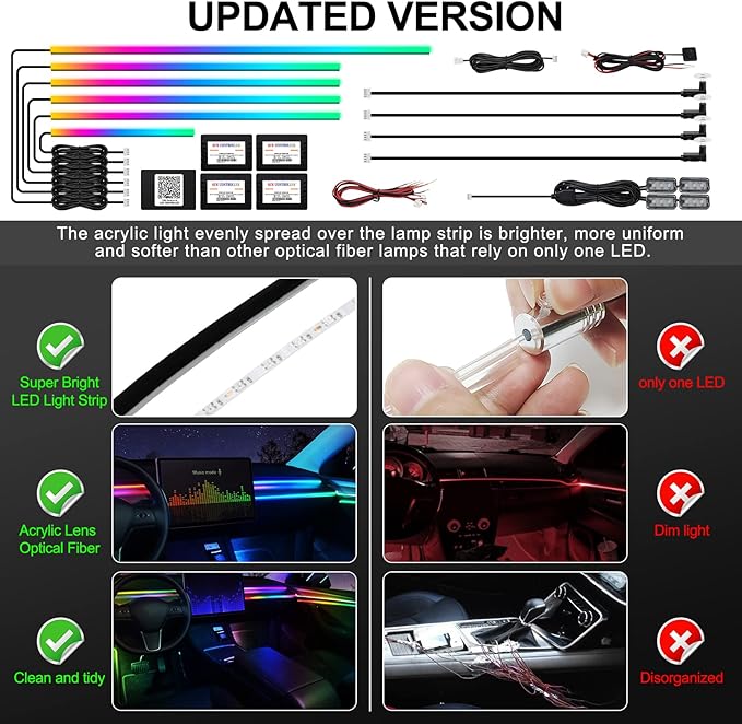 Dreamcolor Acrylic Interior Car LED Strip Light with Wireless APP, RGB 14 in 1 with 175 inches 593 LEDs Fiber Optic Ambient Lighting Kits, 16 Million Colors Sound Active Function Car Neon Lights