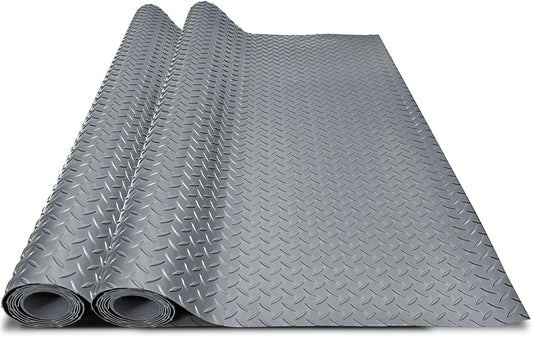 4x6 FT Garage Floor Mat, 2 Rolls 2.8mm Thickened Flooring Roll 48 sqft Diamond Plate PVC Rubber Trailer Mat, Non-Slip Floor Mat for Garage, Warehouse, Gyms, Boats, Pickup Truck, Gray