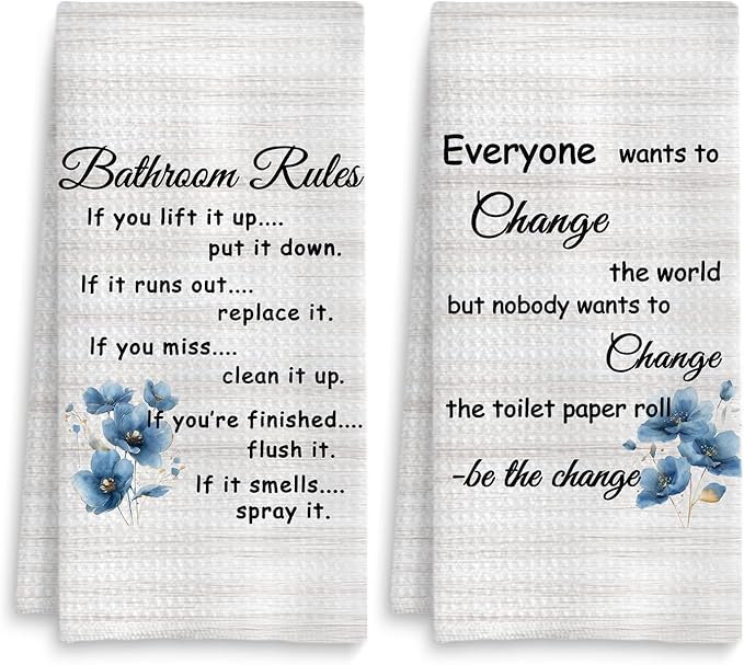 Funny Bathroom Rules Decorative Hand Towels Set of 2, Rustic Farmhouse Hand Towels for Bathroom Decor, 16x24 Inch(Blue Floral Style)