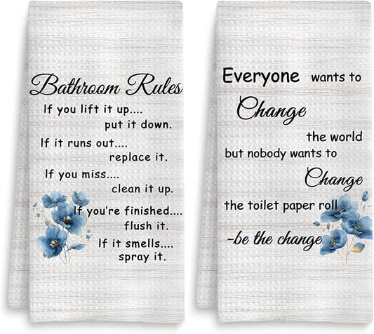 Funny Bathroom Rules Decorative Hand Towels Set of 2, Rustic Farmhouse Hand Towels for Bathroom Decor, 16x24 Inch(Blue Floral Style)