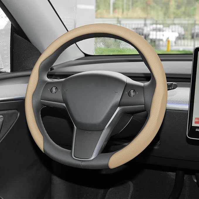 frani Nappa Leather Steering Wheel Cover, Universal 15 Inch Premium Non-Slip Steering Wheel Cover Beige