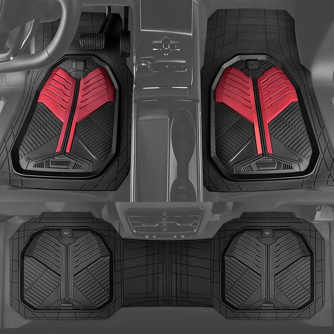 CAR PASS Heavy Duty Rubber Car Mats, Deep-Dish Car Floor Mats All Weather, Universal Two-Tone Trim-to-Fit for SUVs Trucks Sedans, Waterproof Anti-Slip, 3 Pieces V12 Black and Metallic Red