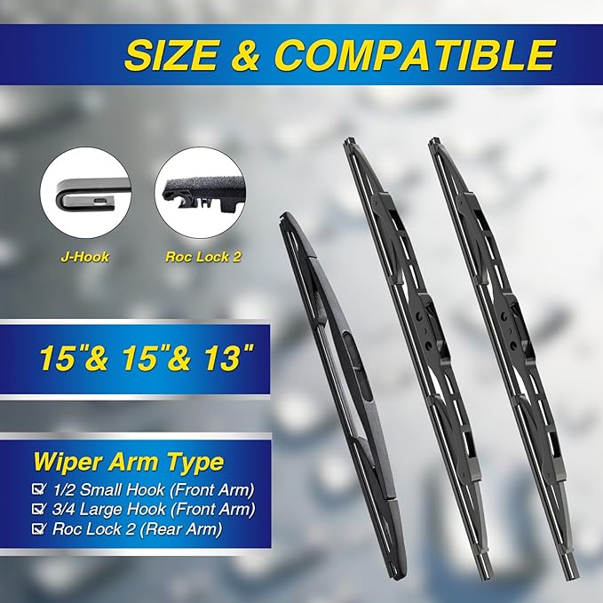 5 PLUS® Windshield Wipers Replacement for Jeep Wrangler JK 2008-2018,Jeep Wrangler 2007-2017,Silicone Water Repellent Wiper Blades-15"/15"/13"(Set of 3), OEM Fit, All-Season, Easy Installation