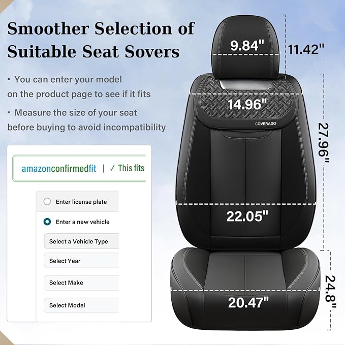 Coverado Car Seat Covers Front Seats, Nappa Leather Front Seat Covers, Waterproof Car Seat Cushion, Black Seat Covers Car Seat Protector Interior Accessories Fit for Most Cars