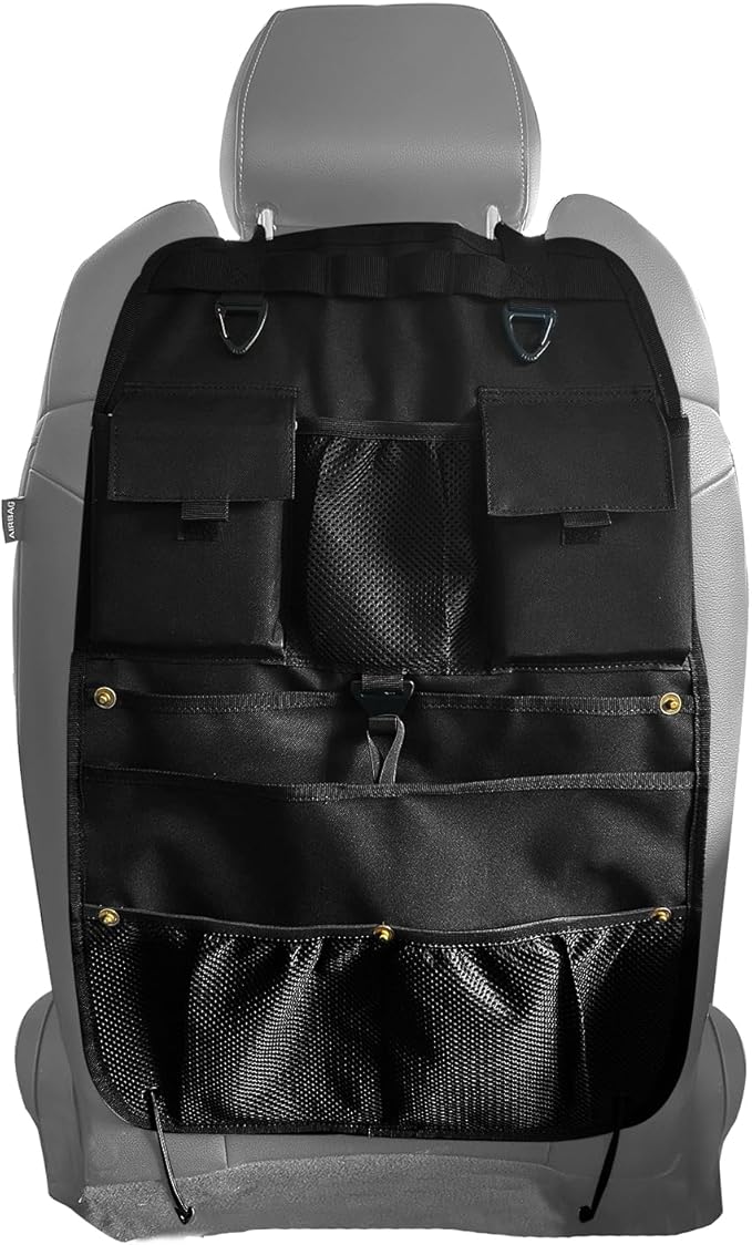 Car Seat Back Organizer with Multiple Storage Pockets, Black Mesh and Fabric, Universal Fit