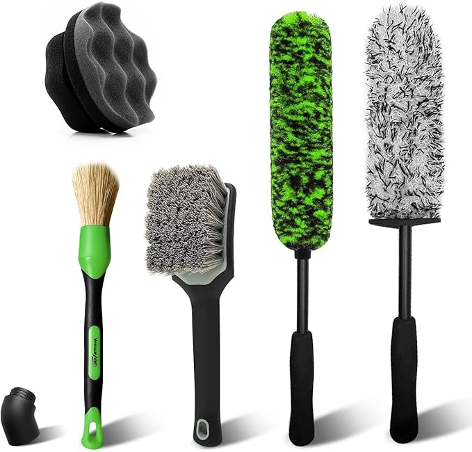 YeewayVeh 5PCS Car Wheel Brush Kit, Bendable Rim Cleaner Brush & Non-Metallic Wheel Cleaning Brush Set with Tire Brush, Car Detailing Brush and Tire Shine Applicator, Green&Black